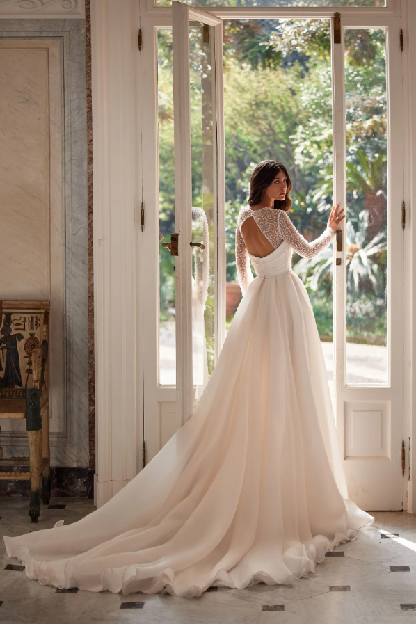 Darsia 3320 Strapless Wedding Dress – Puffy Ivory Organza Ball Gown with Side Slit, Train & Optional Beaded Sleeves